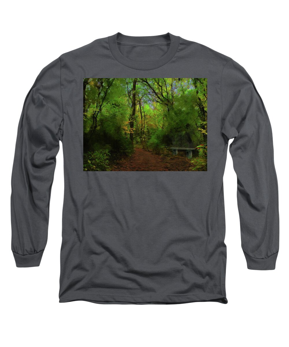 Cedric Hampton Long Sleeve T-Shirt featuring the photograph Trailside Bench by Cedric Hampton