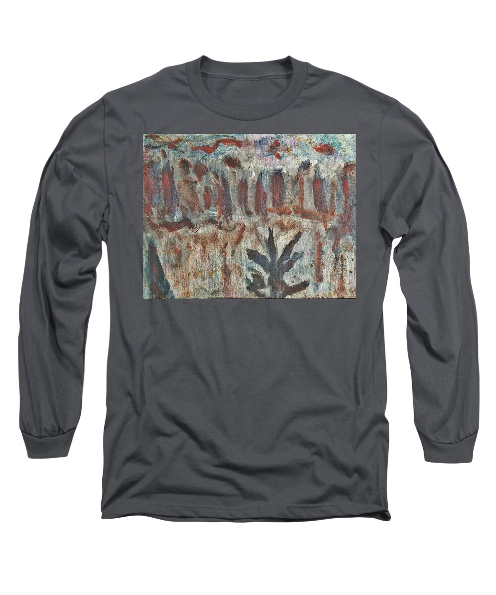 Tree Long Sleeve T-Shirt featuring the painting Tree facing frozen lake with roiling storm clouds rolling in from the mountain range winter with fal by MendyZ