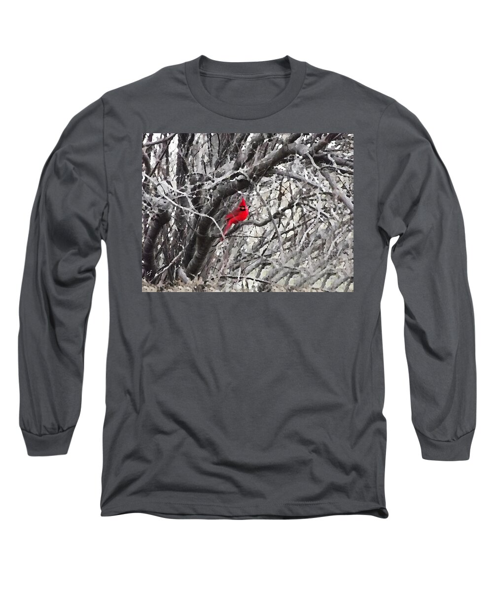 Red Bird Long Sleeve T-Shirt featuring the digital art Tree Ornament, A Male Cardinal on Snowy Winter Tree Branches by Shelli Fitzpatrick