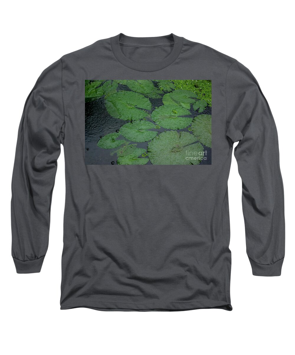 Green Long Sleeve T-Shirt featuring the photograph Tropical Raindrops and Water Lilly Pads by Kerryn Madsen-Pietsch