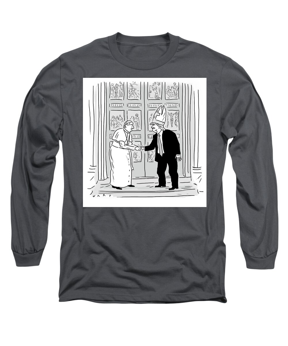 Trump Long Sleeve T-Shirt featuring the drawing Trump meets Pope Francis. by Kim Warp