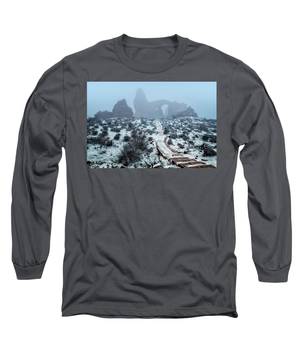 Turret Arch Long Sleeve T-Shirt featuring the photograph Turret Arch in the Fog by Michael Ash