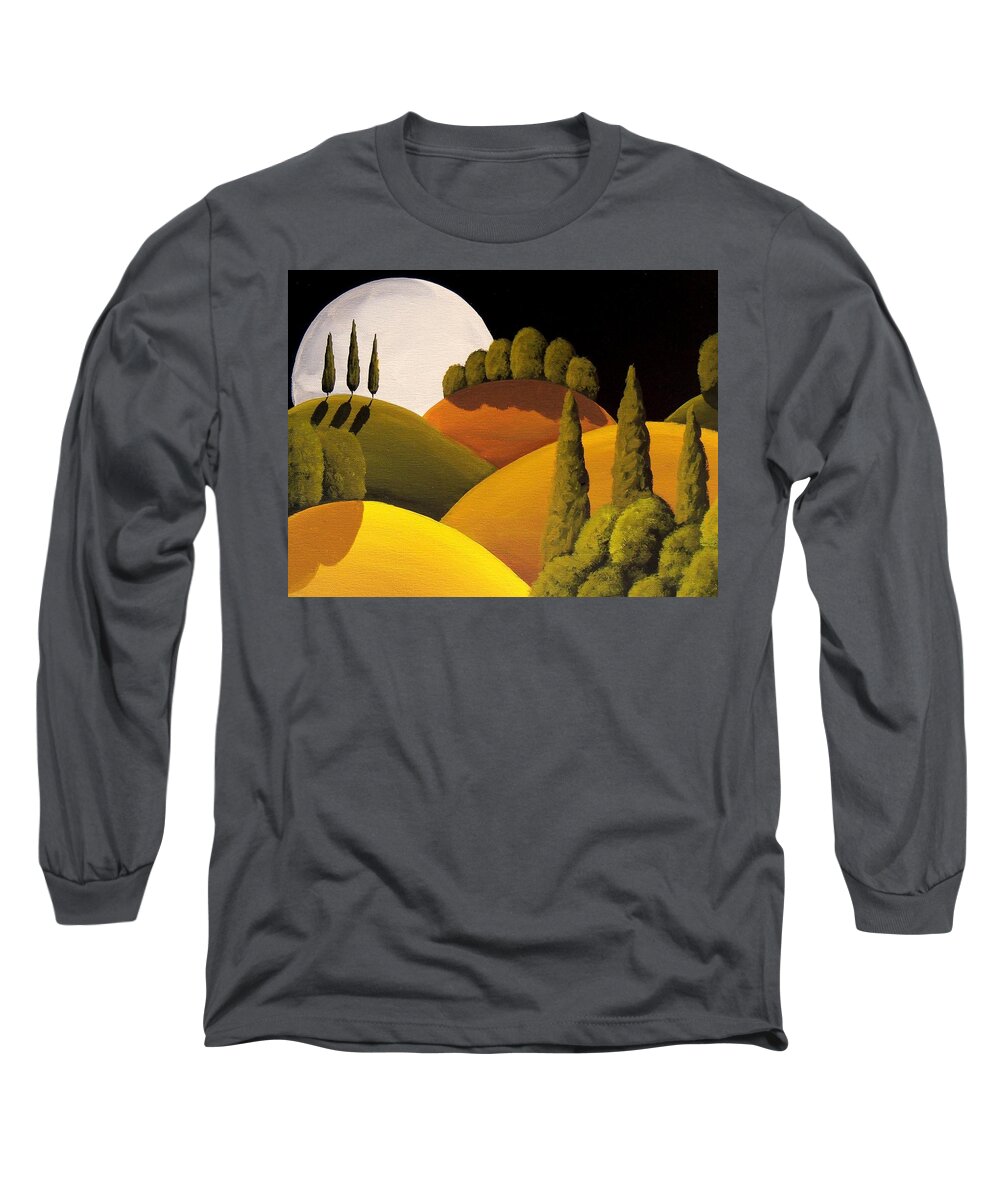 Folk Art Long Sleeve T-Shirt featuring the painting Tuscan Moon - landscape by Debbie Criswell