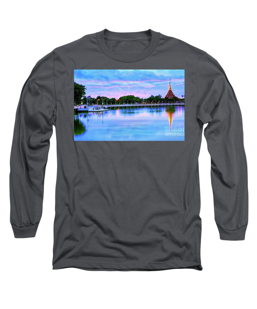 Landscape Long Sleeve T-Shirt featuring the digital art Twilight City Lake View by Ian Gledhill