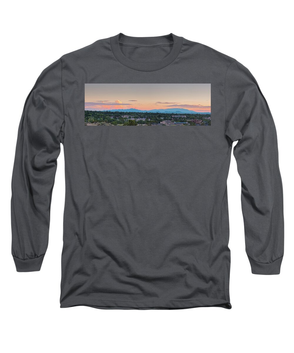 Santa Fe Long Sleeve T-Shirt featuring the photograph Twilight Panorama of Santa Fe Cityscape with Sandia Mountains in the Background - New Mexico by Silvio Ligutti