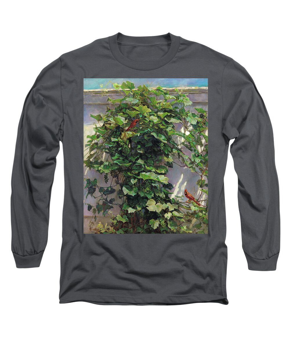 American Long Sleeve T-Shirt featuring the painting Two Cardinals On The Vine Tree by Svitozar Nenyuk