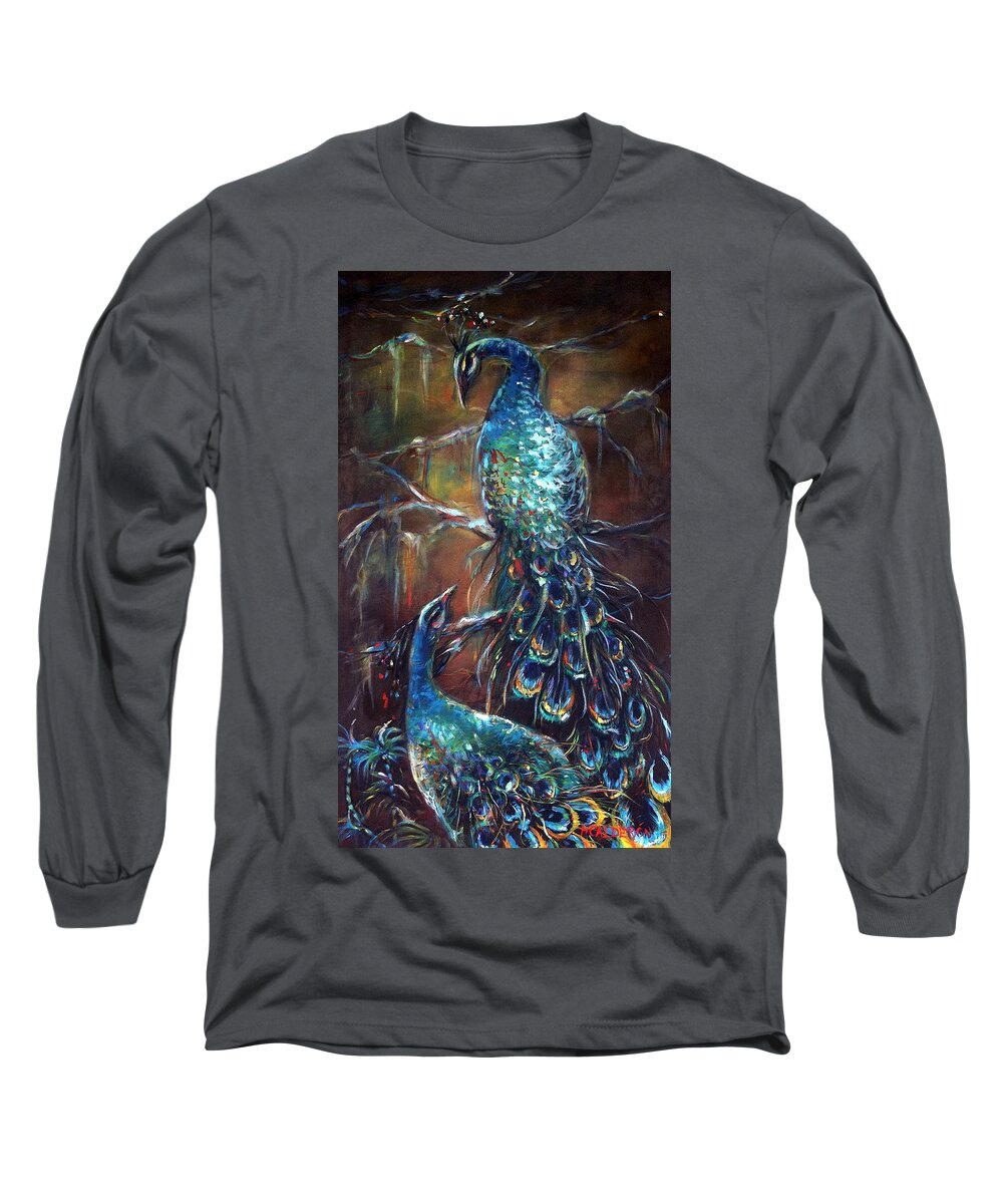 Peacocks Long Sleeve T-Shirt featuring the painting Two Peacocks by Heather Calderon