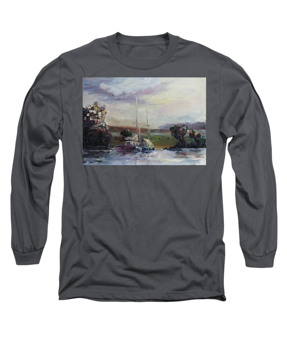 Boat Long Sleeve T-Shirt featuring the painting Two Tired Adventurers by Barbara Pommerenke