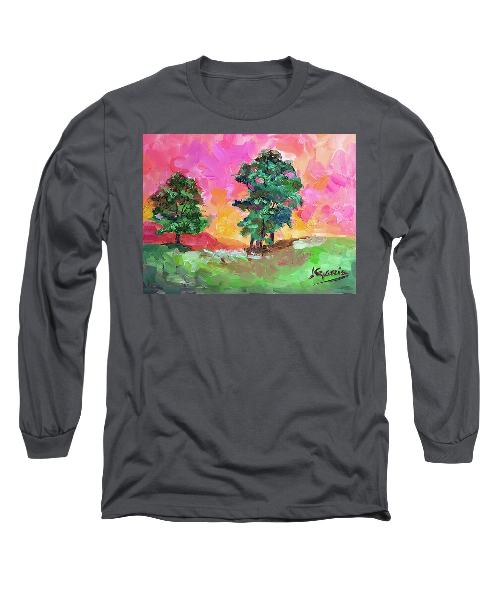 Landscape Long Sleeve T-Shirt featuring the painting Two Trees by Janet Garcia