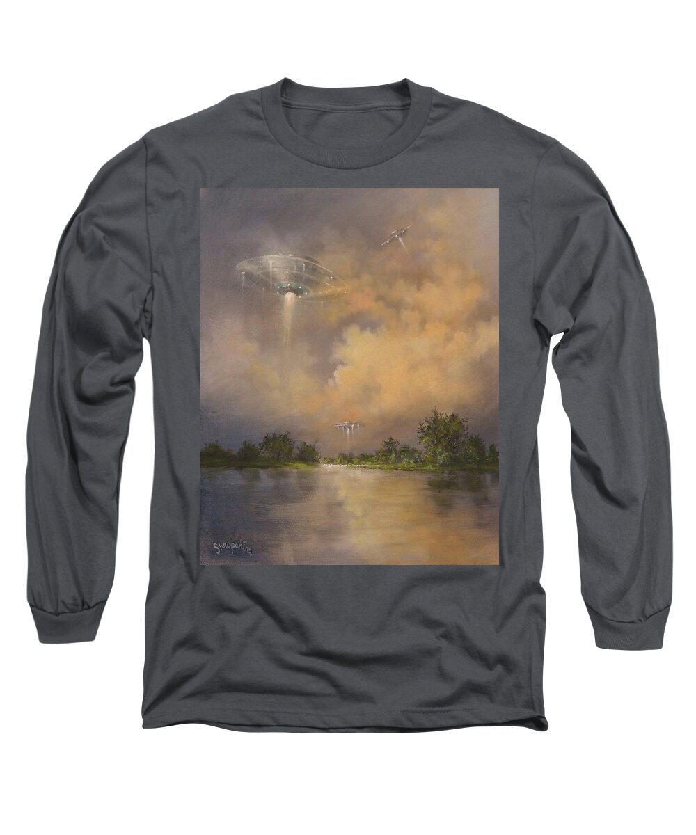 Ufo Long Sleeve T-Shirt featuring the painting UFOs Above the Lake by Tom Shropshire