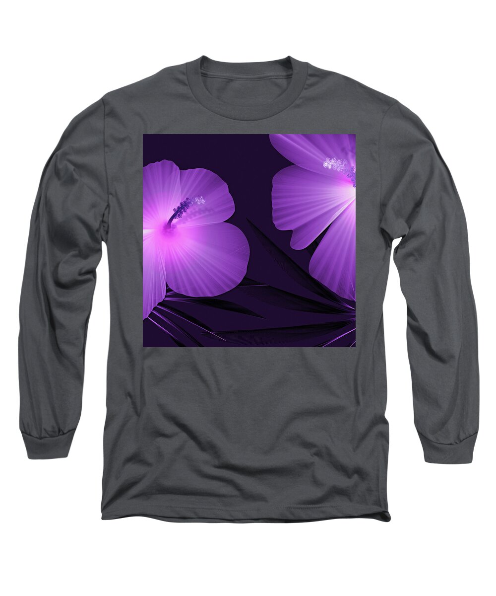 Tropical Print Long Sleeve T-Shirt featuring the digital art Ultraviolet Hibiscus Tropical Nature Print by Sand And Chi