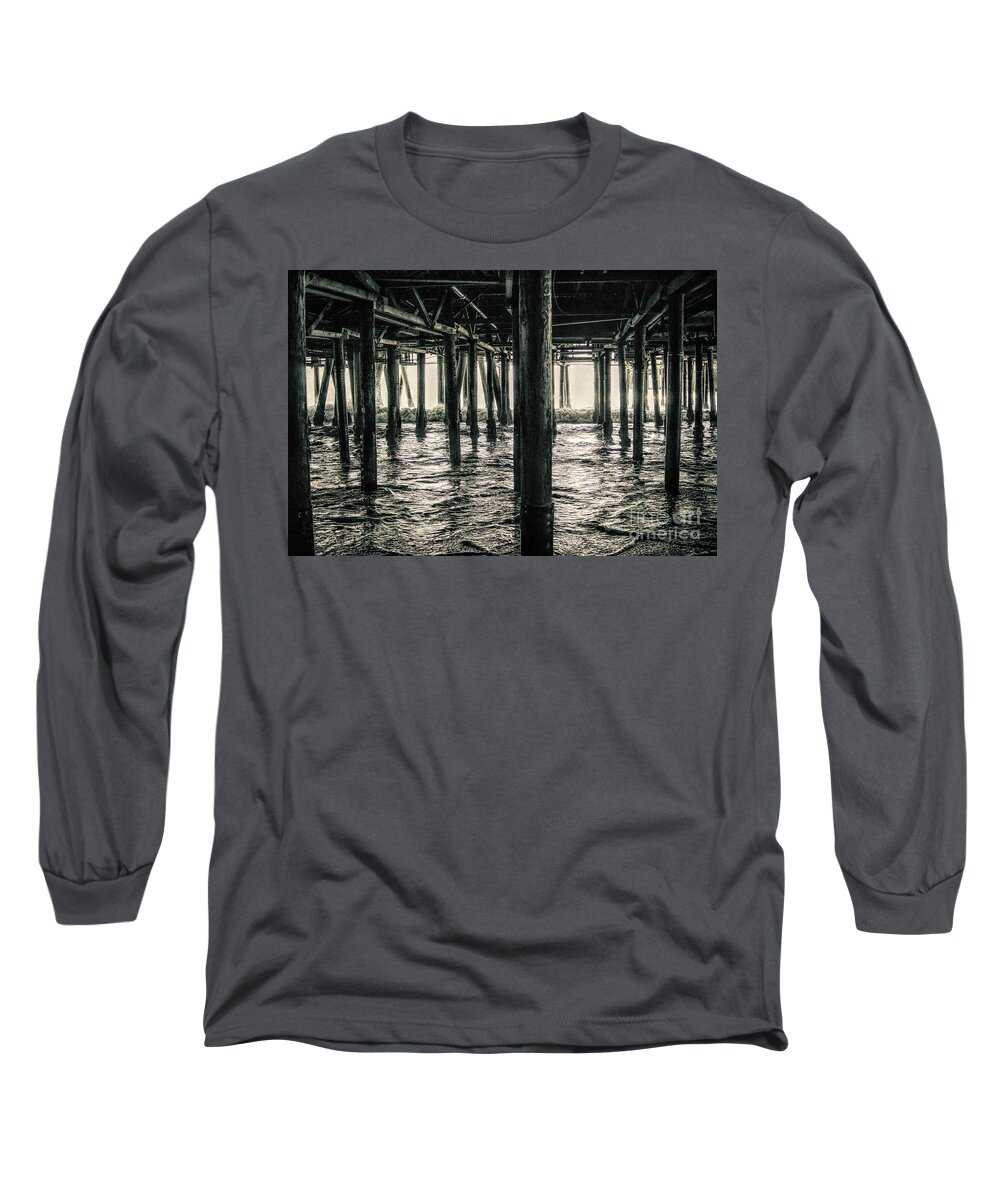 Under The Pier; Pylons; Waves; Ocean; Pacific Ocean; White; Silver; Water; Joe Lach; Beach; Sand; Light; Green Long Sleeve T-Shirt featuring the photograph Under the Pier 3 by Joe Lach