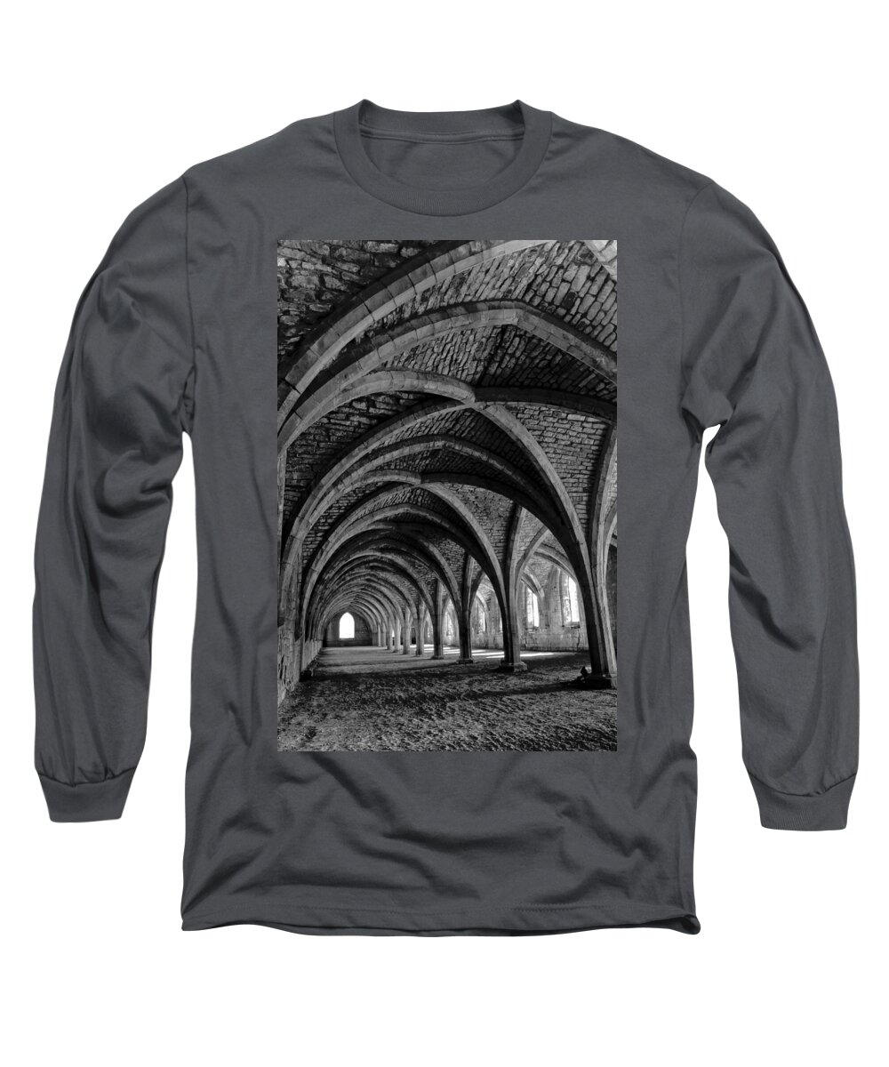 Monochrome Photography Long Sleeve T-Shirt featuring the photograph Under the vaults. Vertical. by Elena Perelman