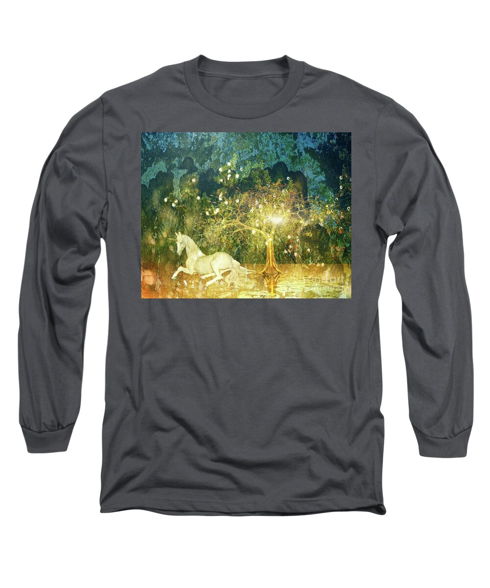 Unicorn Long Sleeve T-Shirt featuring the digital art Unicorn Resting Series 3 by Digital Art Cafe