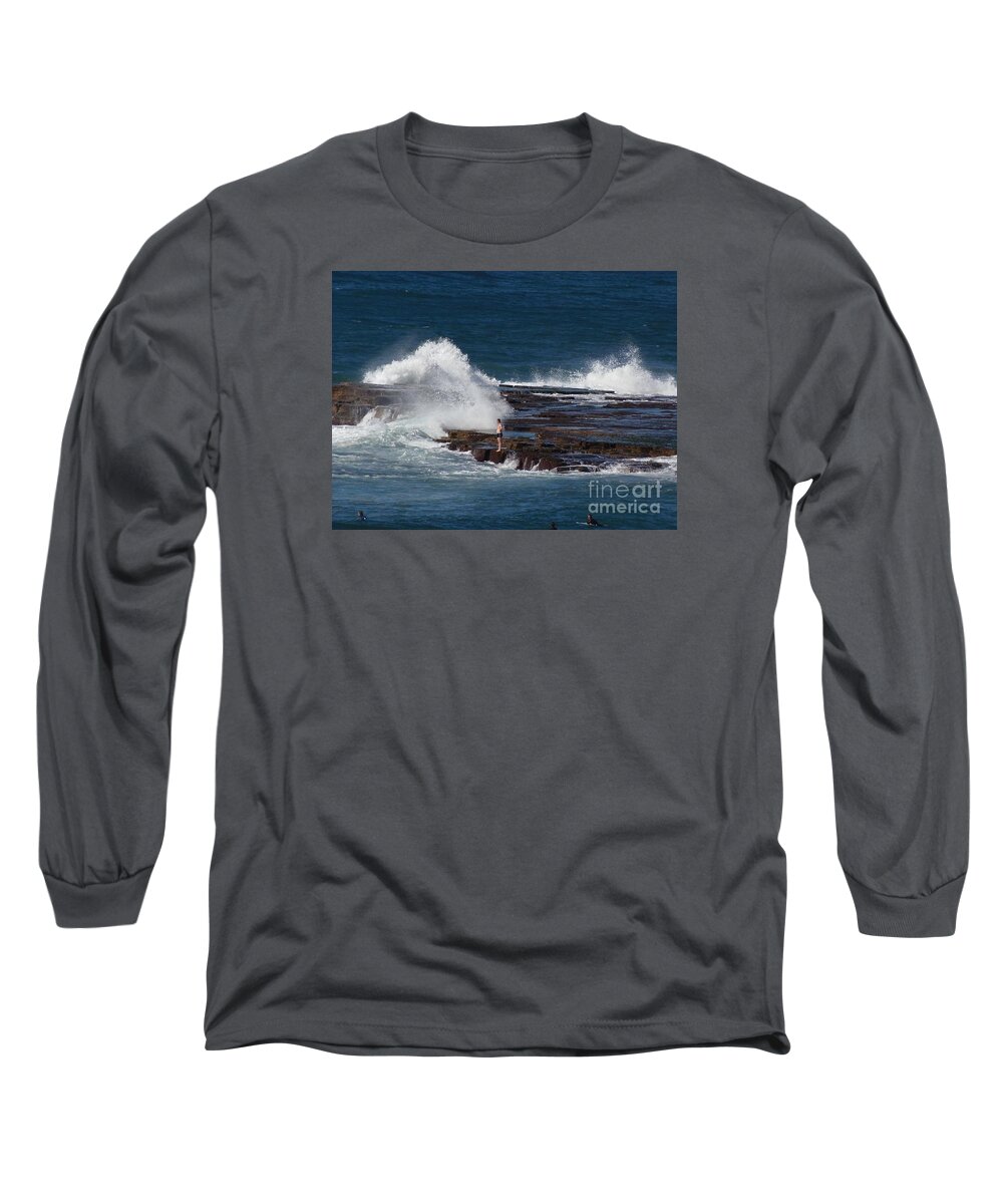 Huge Wave Long Sleeve T-Shirt featuring the photograph Unwitting Swimmer by Bev Conover