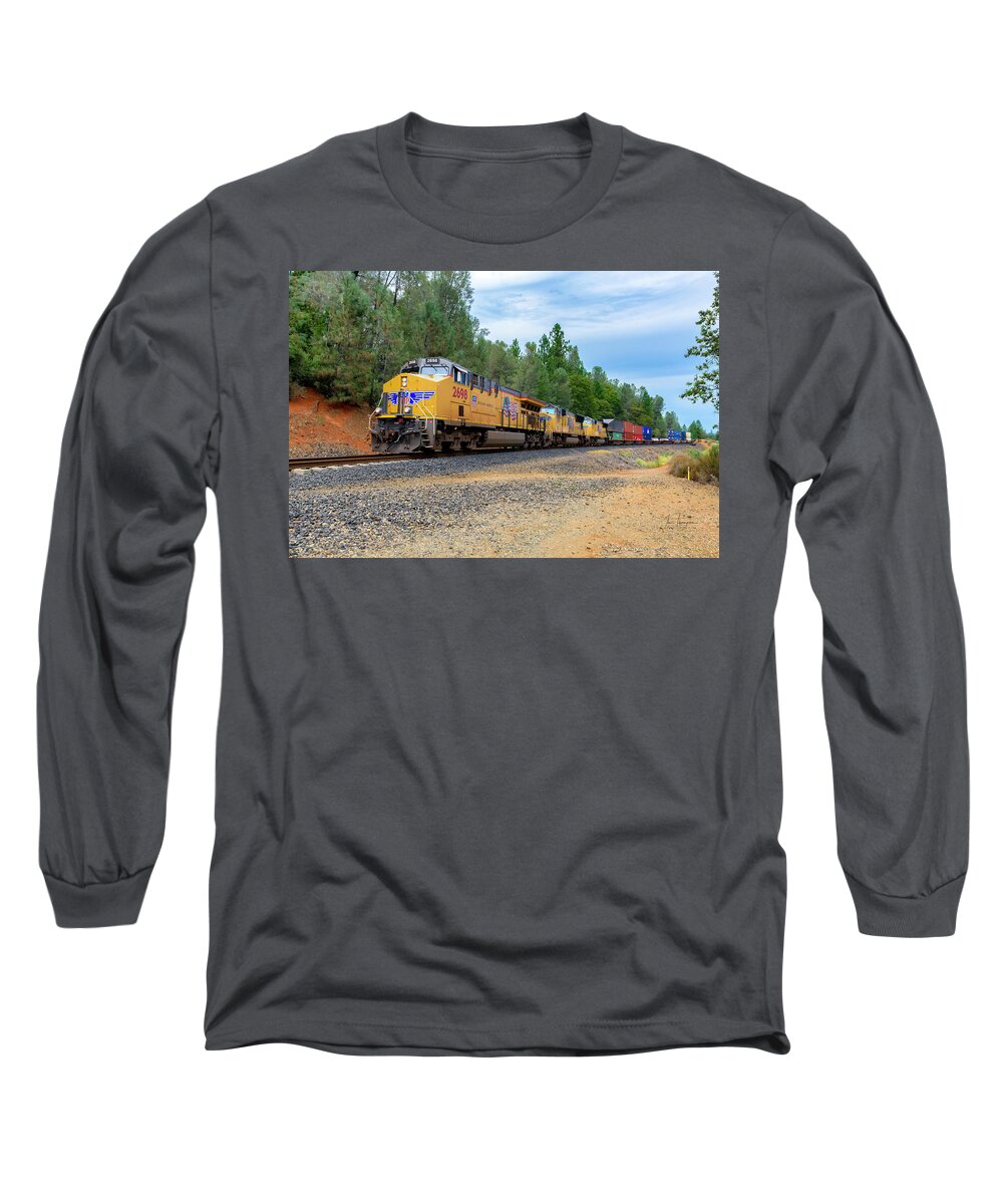 Freight Trains Long Sleeve T-Shirt featuring the photograph UP2698 westbound at West Weimar Cross Road by Jim Thompson