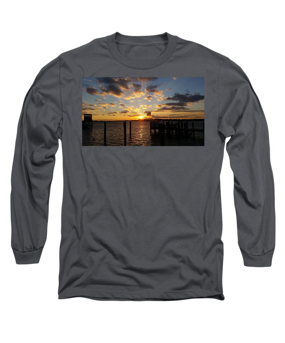 Usa Long Sleeve T-Shirt featuring the photograph US Flag Waving At Sunset by Robert Banach