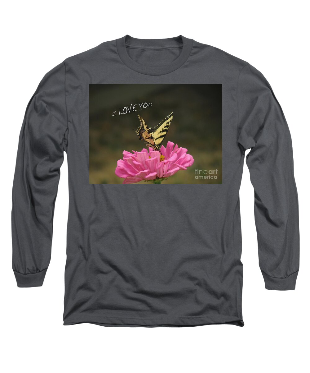 Valentine Long Sleeve T-Shirt featuring the pyrography Valentine Zinnia and the Swallowtail by Debby Pueschel