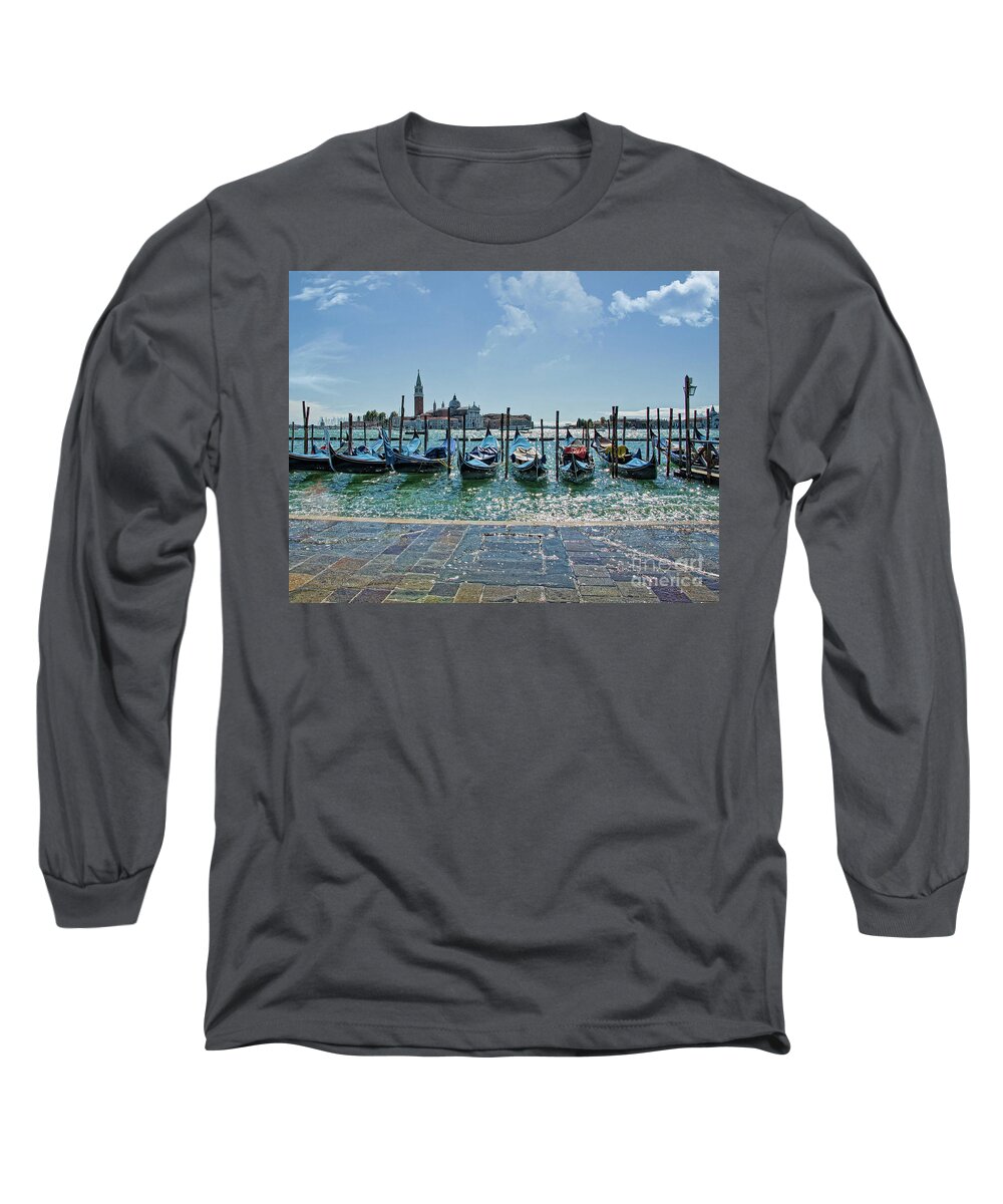 Venetian Gondolas Long Sleeve T-Shirt featuring the photograph Venice gondolas - morning by Maria Rabinky