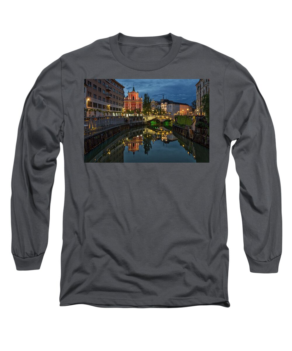 Ljubljana Long Sleeve T-Shirt featuring the photograph View from a Bridge - Ljubljana - Slovenia by Stuart Litoff