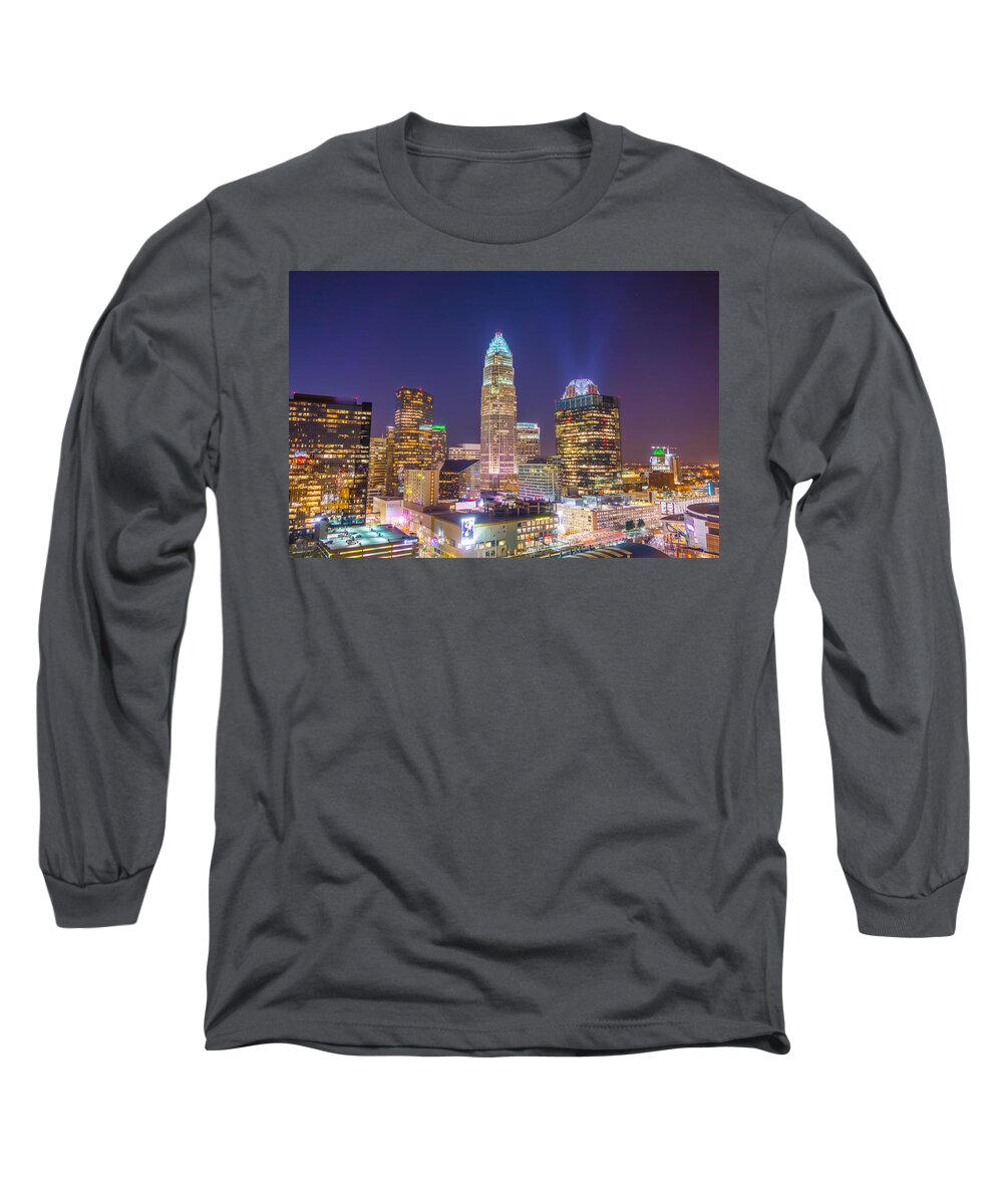 North Long Sleeve T-Shirt featuring the photograph View Of Charlotte Skyline Aerial At Sunset by Alex Grichenko