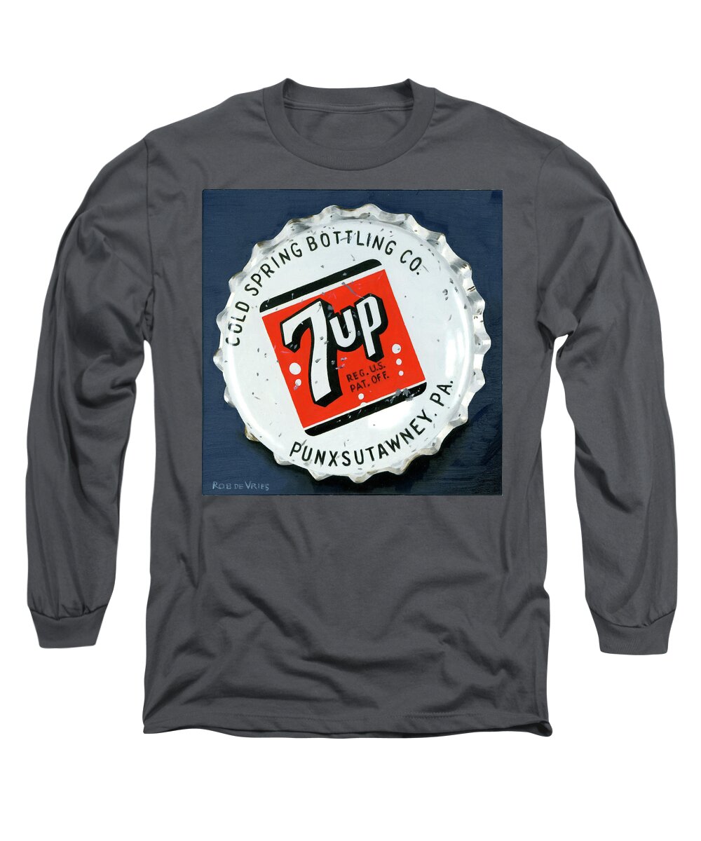 Vintage Long Sleeve T-Shirt featuring the painting Vintag Bottle Cap, 7up by Rob De Vries