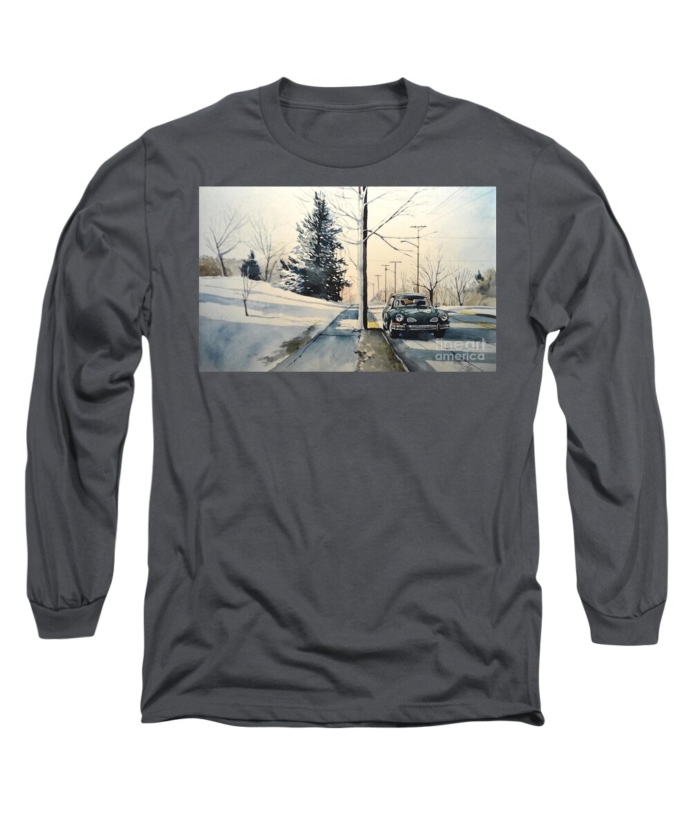 Volkswagen Long Sleeve T-Shirt featuring the painting Volkswagen Karmann Ghia on snowy road by Christopher Shellhammer