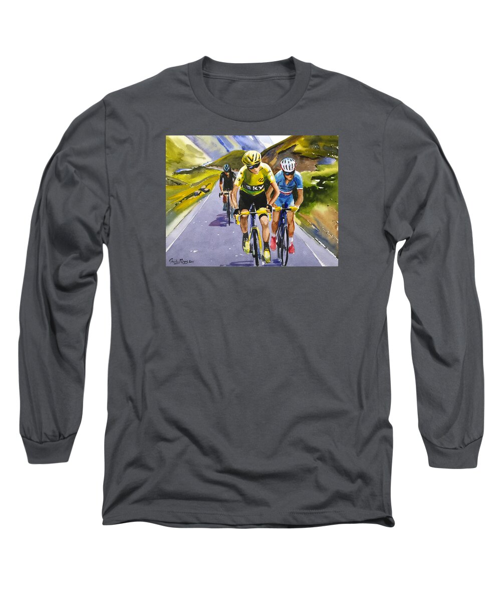 Cycling Long Sleeve T-Shirt featuring the painting Vroome Nibali Porte by Shirley Peters