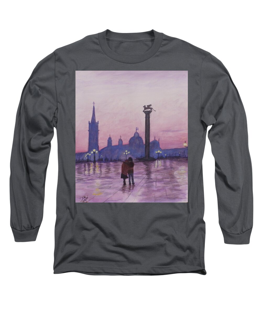 Water Long Sleeve T-Shirt featuring the painting Walk in Italy in the rain by Dan Wagner