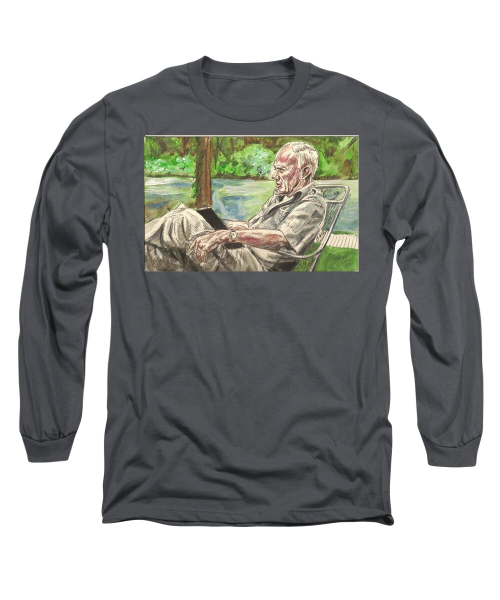 Walker Percy Long Sleeve T-Shirt featuring the painting Walker Percy at the Lake by Bryan Bustard