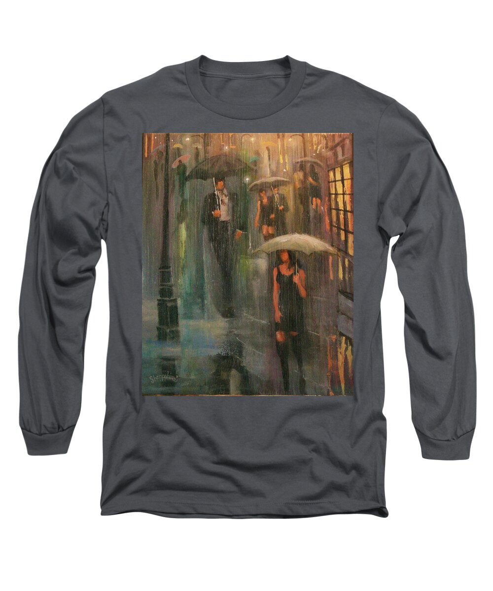 Downpour Long Sleeve T-Shirt featuring the painting Walking in the Rain by Tom Shropshire