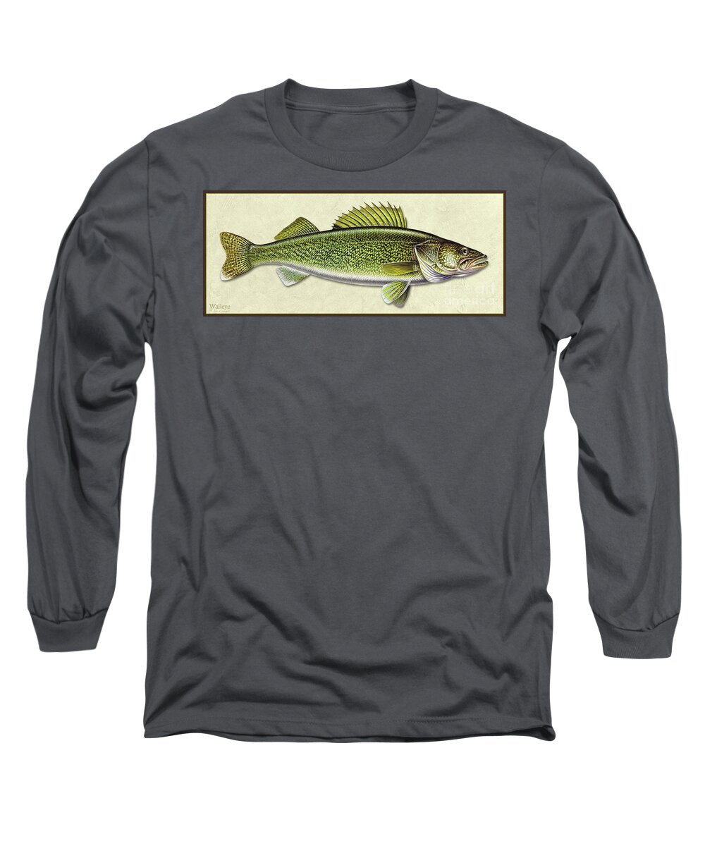 Jon Q Wright Walleye Pickeral Freshwater Gamefish Fishing Fish Print Poster Tackle Lake Boat Long Sleeve T-Shirt featuring the painting Walleye ID by Jon Q Wright
