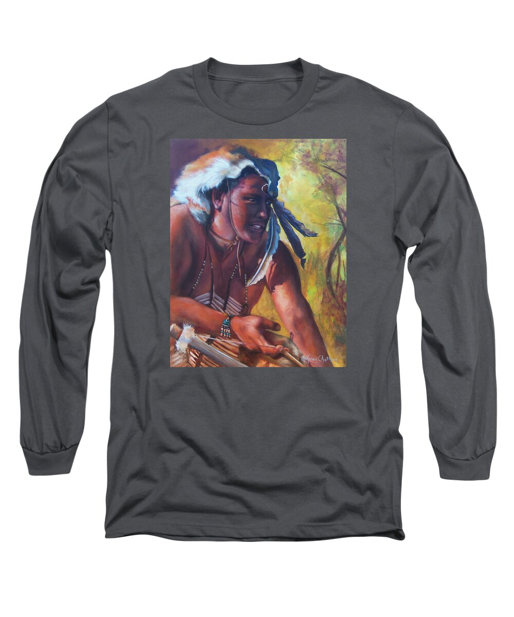 Arthur Redcloud Portrait Long Sleeve T-Shirt featuring the painting Warrior Of The Gate by Karen Kennedy Chatham