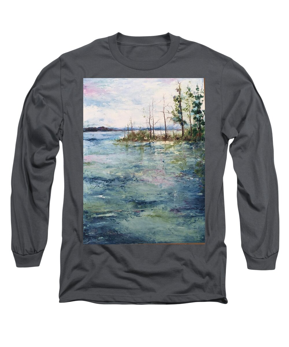 Lake Long Sleeve T-Shirt featuring the painting Washed By the Waters Series by Robin Miller-Bookhout
