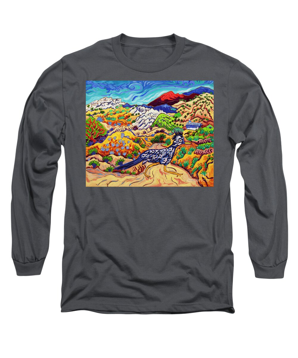 Roadrunner Long Sleeve T-Shirt featuring the painting Watchin' the Sly roadrunner Flee by Cathy Carey