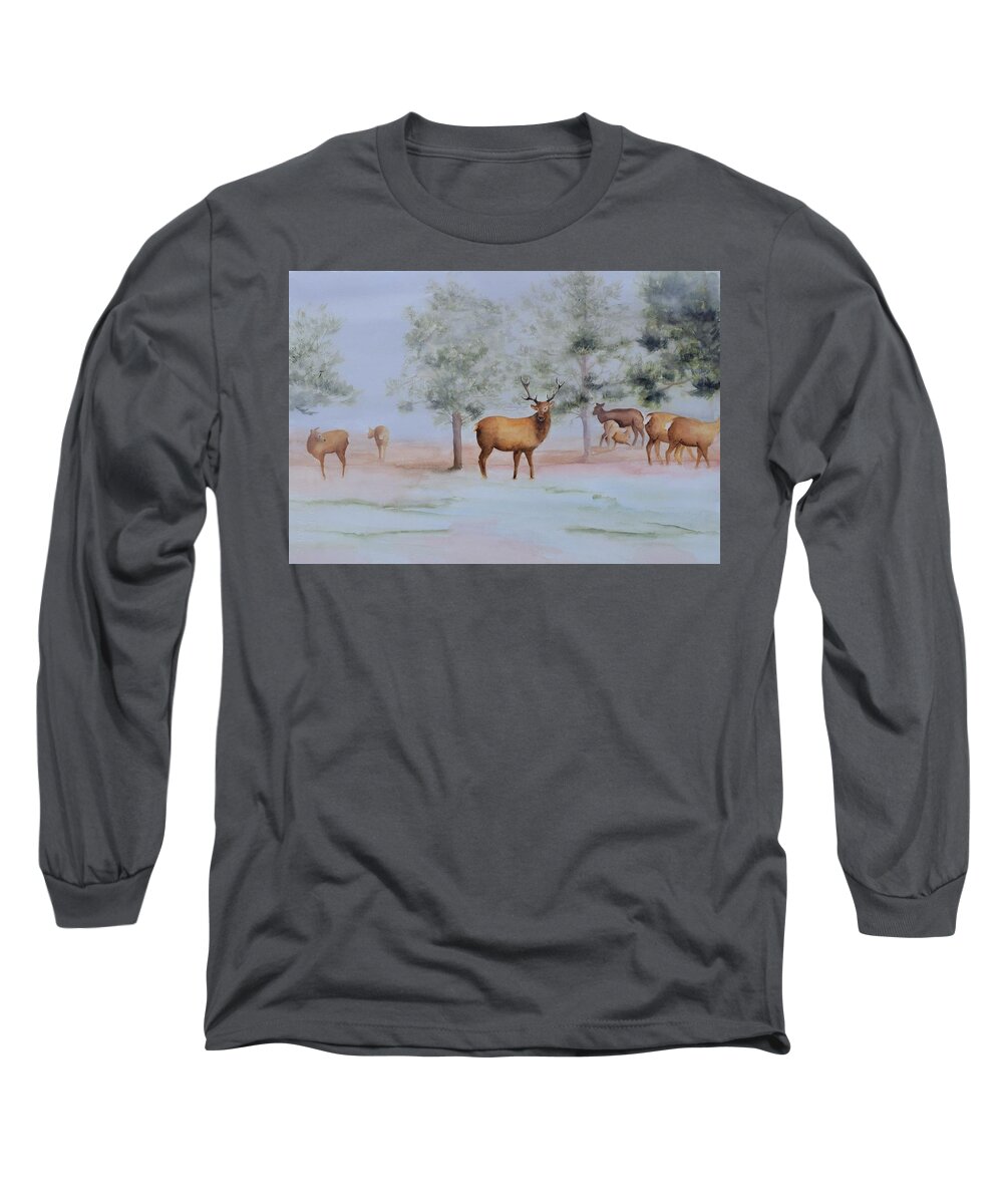 Elk Long Sleeve T-Shirt featuring the painting Watching and Listening by Celene Terry