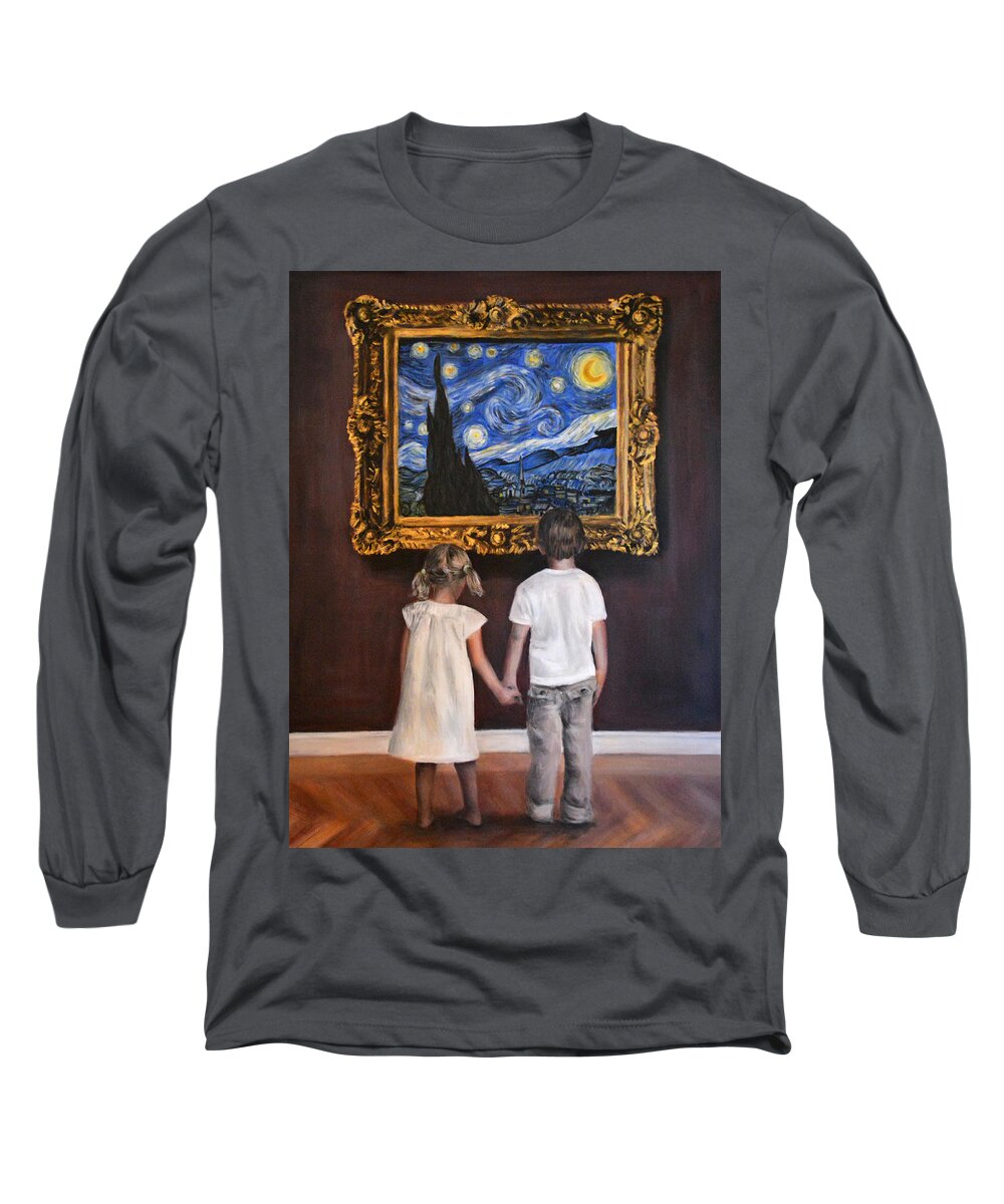 Famous Paintings Long Sleeve T-Shirt featuring the painting Watching Starry Night Part 2 by Escha Van den bogerd