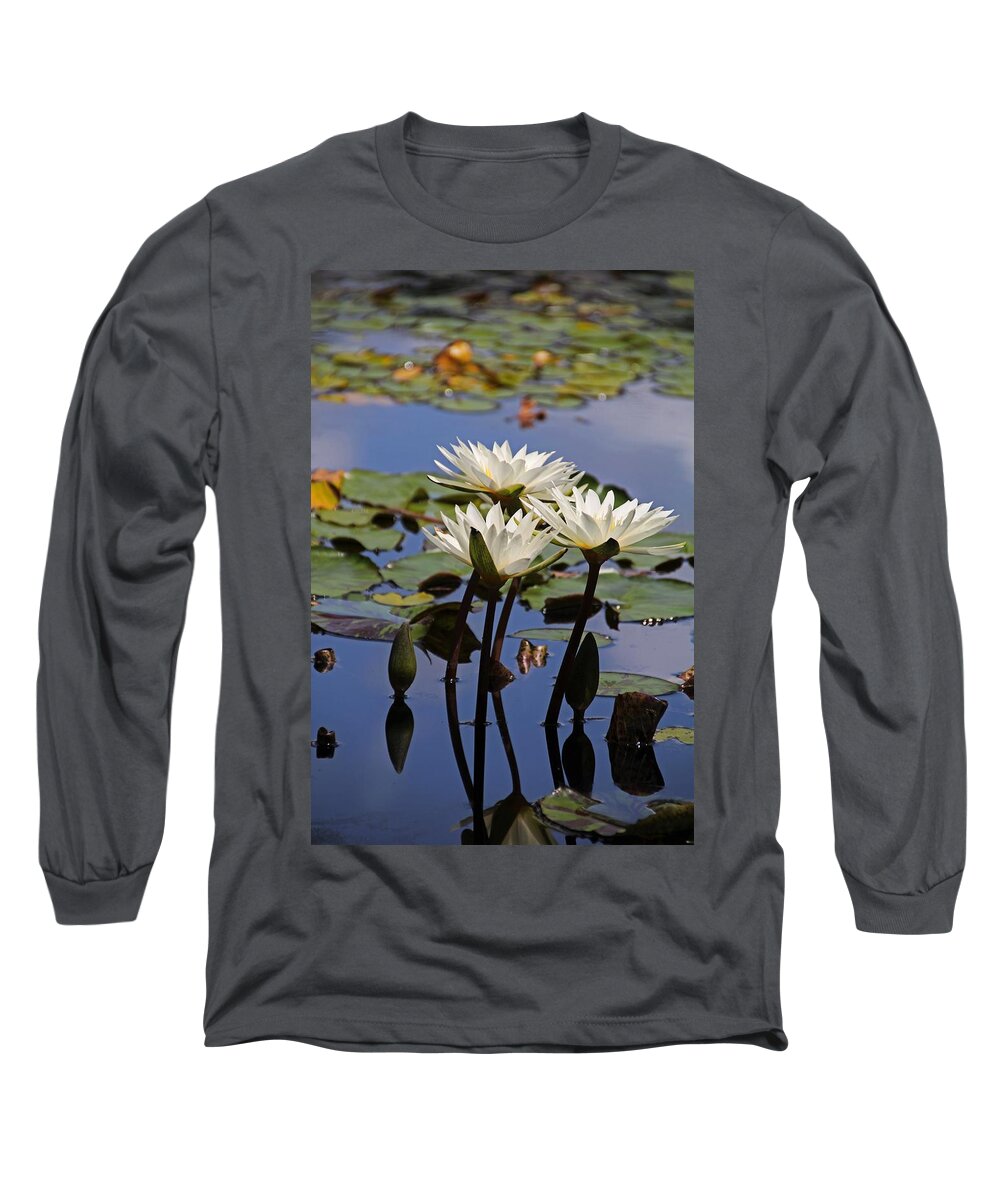 White Long Sleeve T-Shirt featuring the photograph Water Lily Reflections by Michiale Schneider