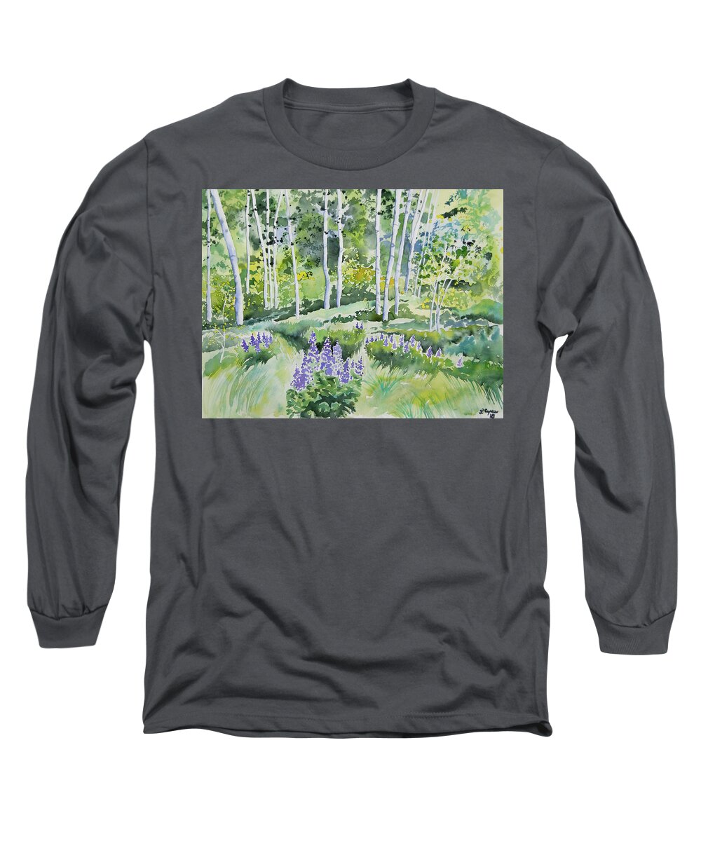 Aspen Long Sleeve T-Shirt featuring the painting Watercolor - Early Summer Aspen and Lupine by Cascade Colors
