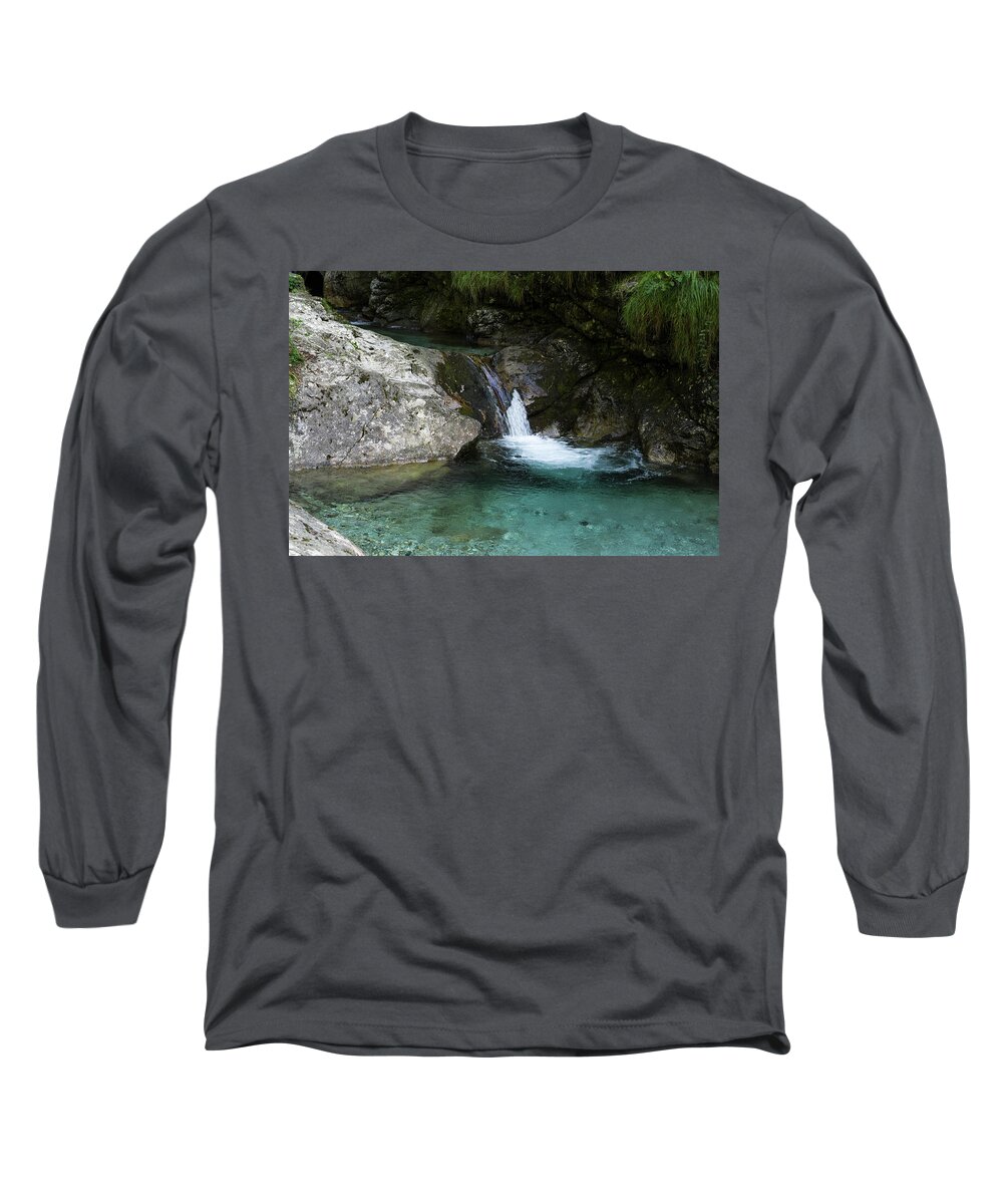 River Long Sleeve T-Shirt featuring the photograph Waterfall, blue water by Nicola Aristolao