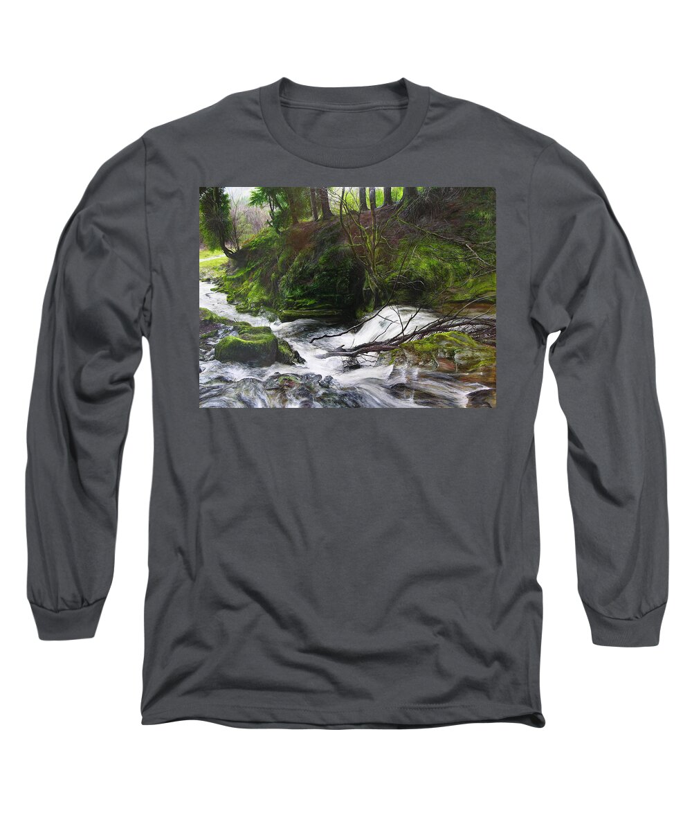 Landscape Long Sleeve T-Shirt featuring the painting Waterfall near Tallybont-on-Usk Wales by Harry Robertson