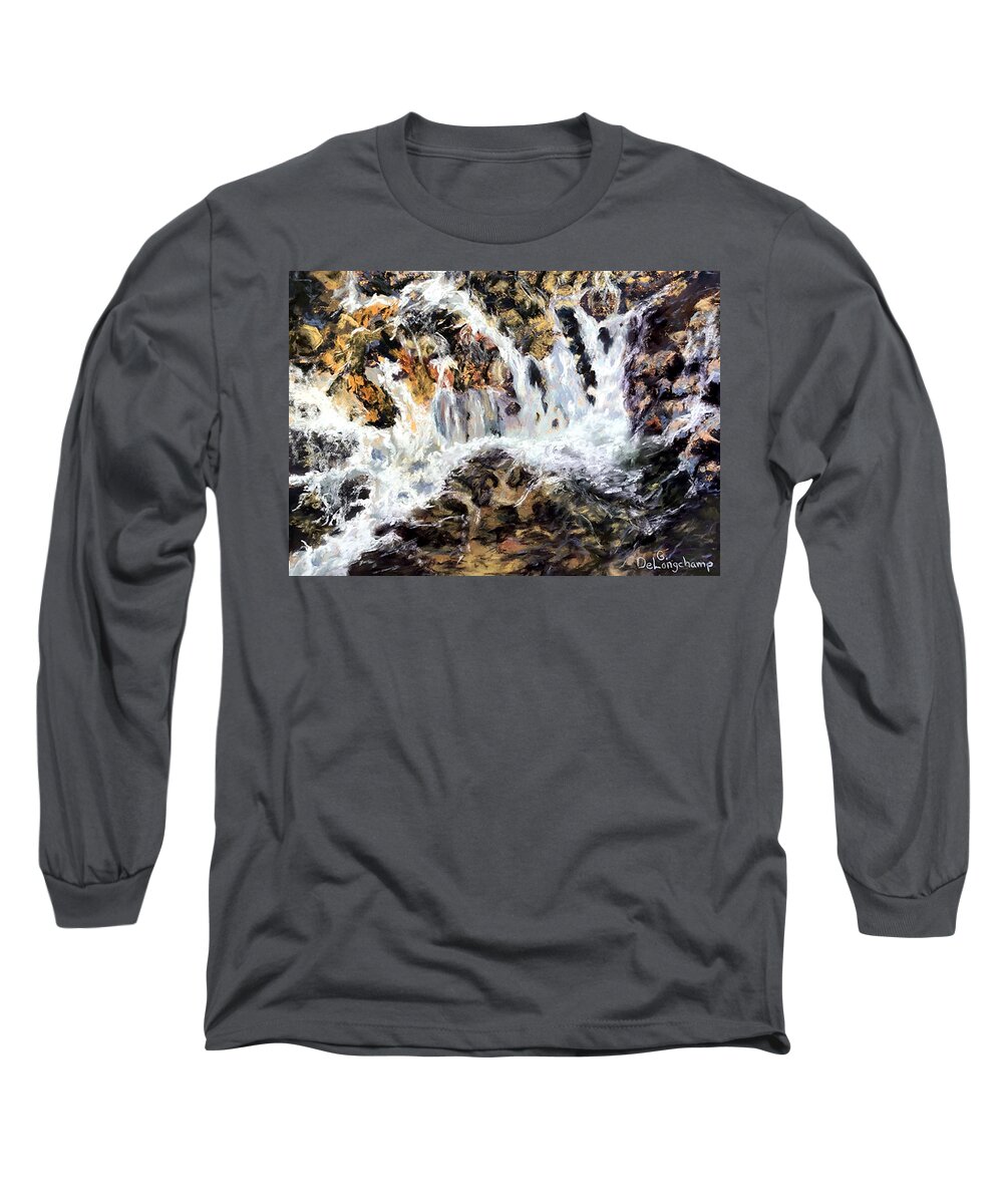 Waterfall Long Sleeve T-Shirt featuring the pastel Waterfalls and Rocks by Gerry Delongchamp