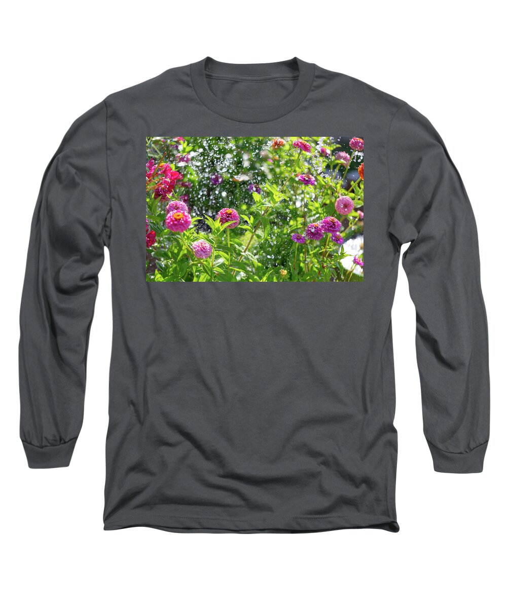 El Paso Long Sleeve T-Shirt featuring the photograph Watering the Zinnias by SR Green