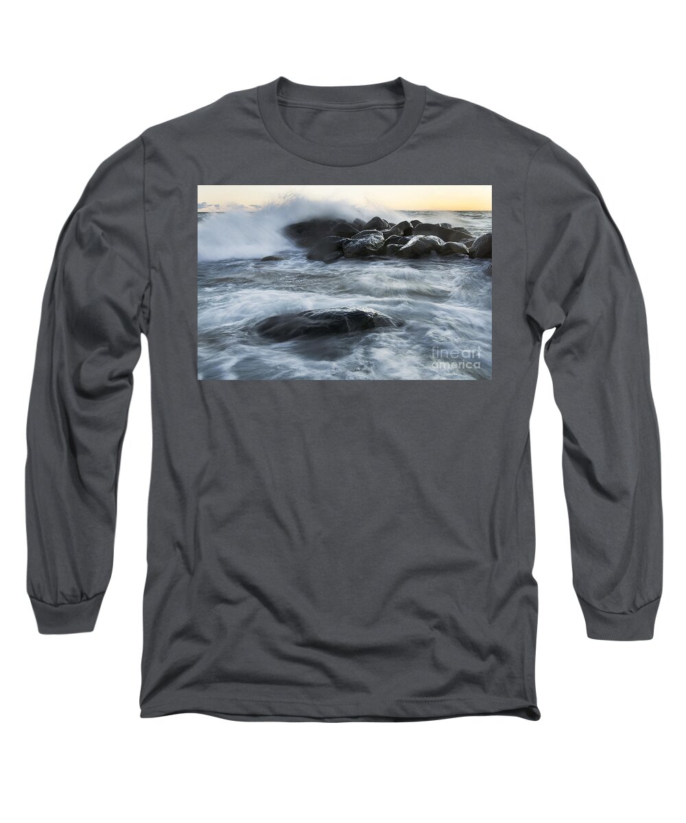 Wave Long Sleeve T-Shirt featuring the photograph Wave Crashes Rocks 7835 by Steve Somerville