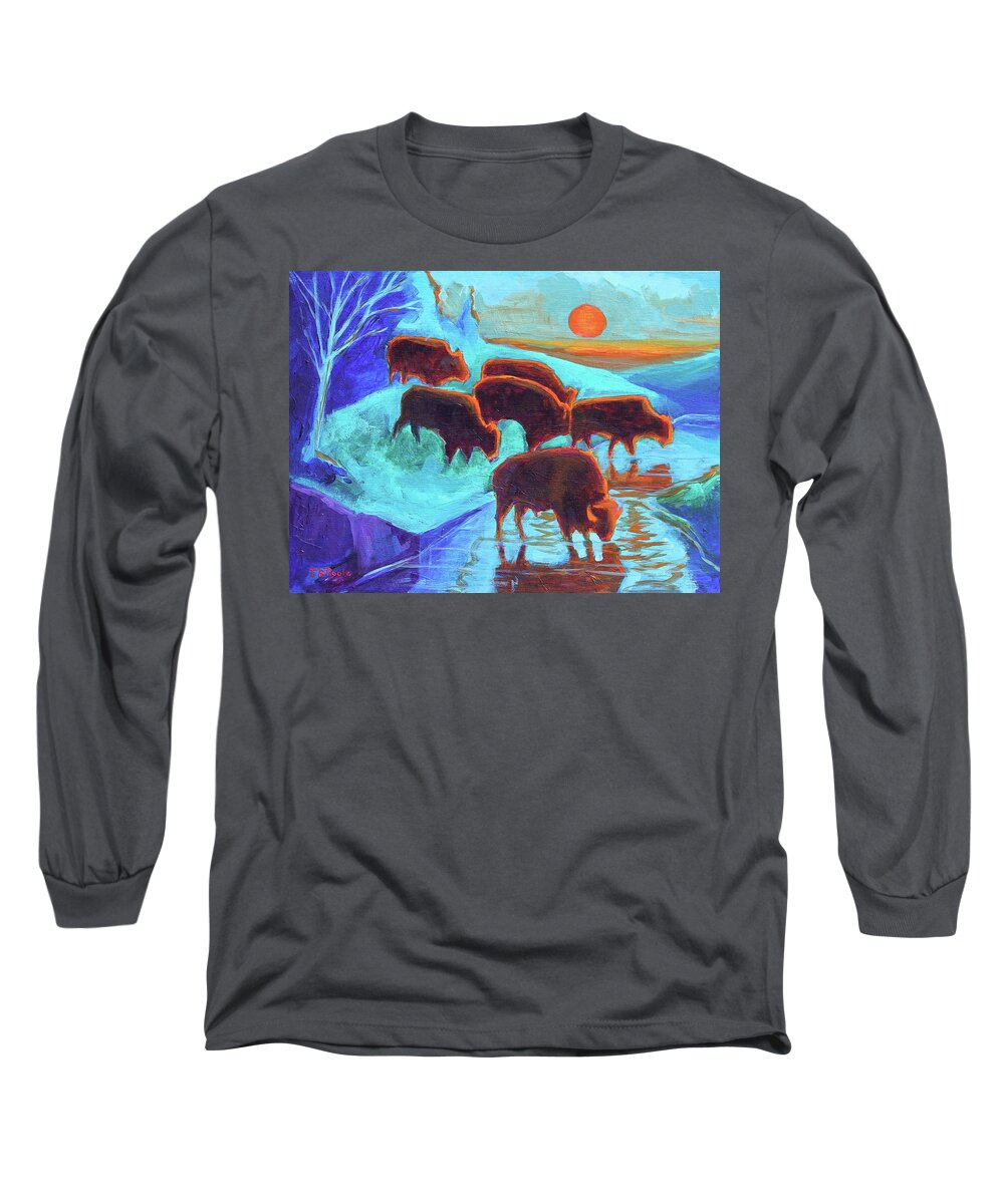 Western Buffalo Art Long Sleeve T-Shirt featuring the painting Western Buffalo Art Six Bison at Sunset Turquoise painting Bertram Poole xi by Thomas Bertram POOLE