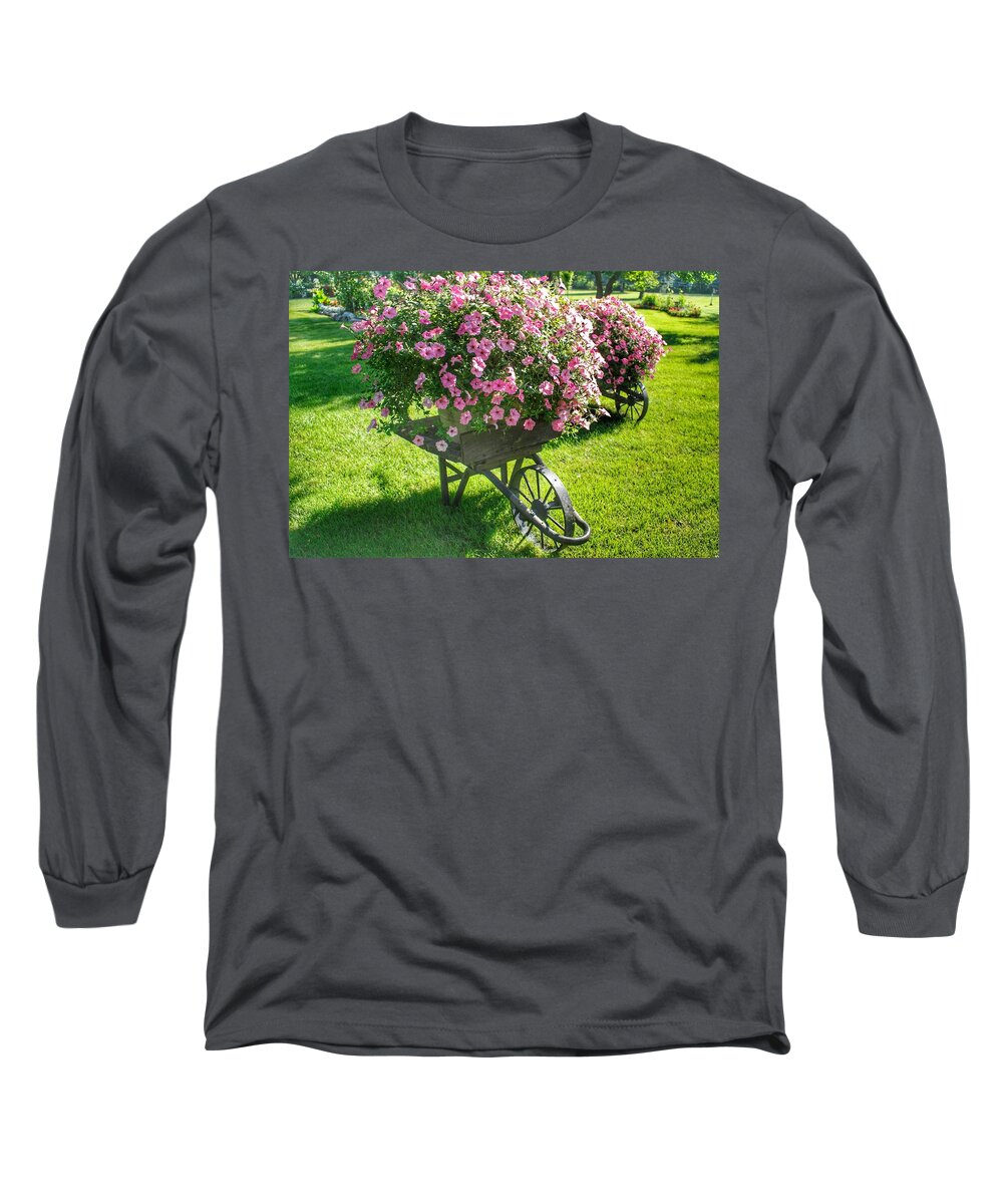 Flowers Long Sleeve T-Shirt featuring the photograph 2004 - Wheel Barrow Full of Flowers by Sheryl L Sutter