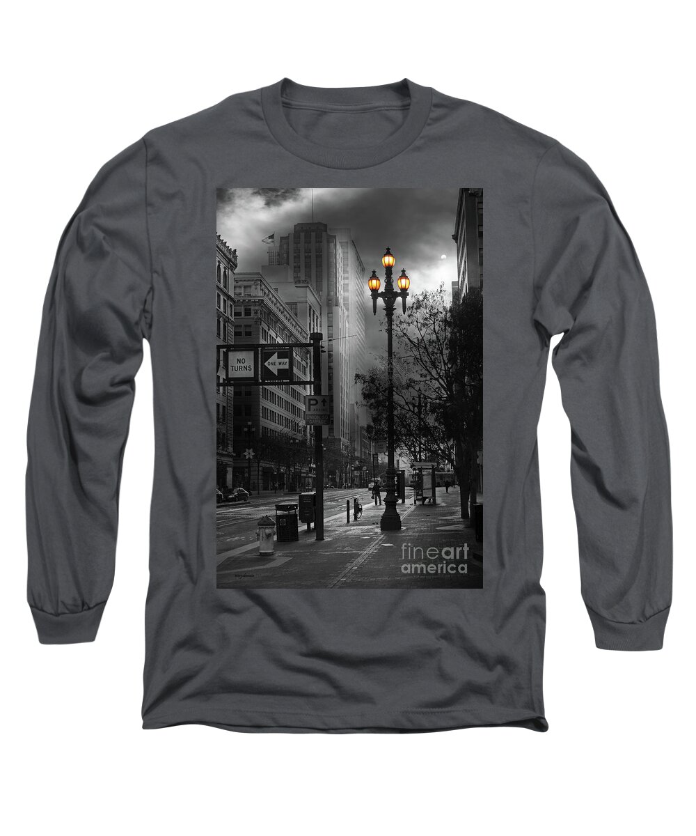 Wingsdomain Long Sleeve T-Shirt featuring the photograph When The Lights Go Down In San Francisco 5D20609 bw by Wingsdomain Art and Photography