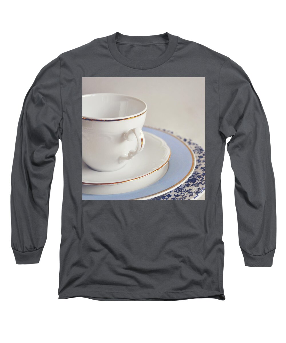 China Cup And Saucers Long Sleeve T-Shirt featuring the photograph White china cup, saucer and plates by Lyn Randle