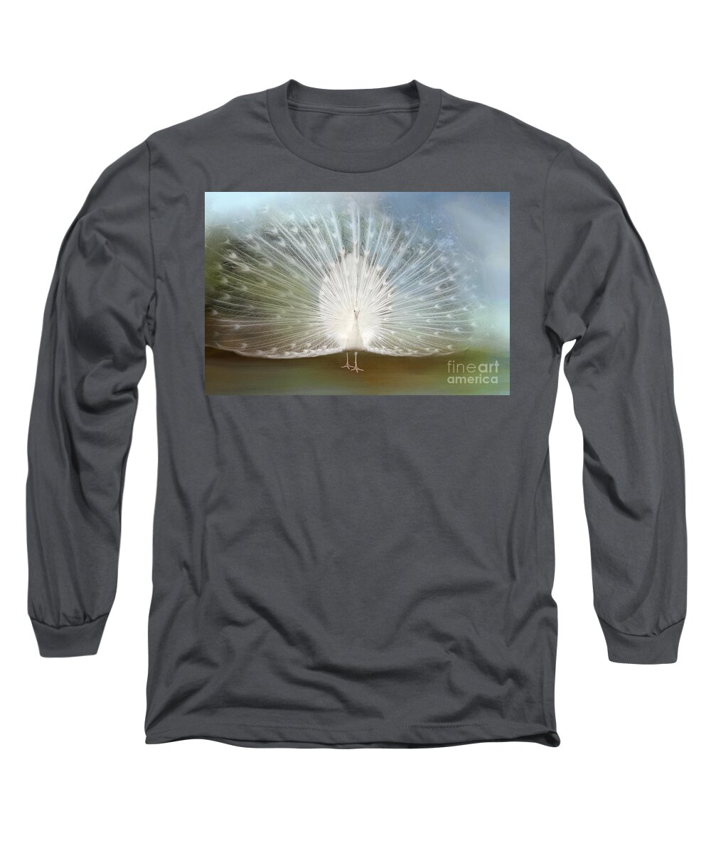 Peacock Long Sleeve T-Shirt featuring the photograph White Peacock in all His Glory by Bonnie Barry