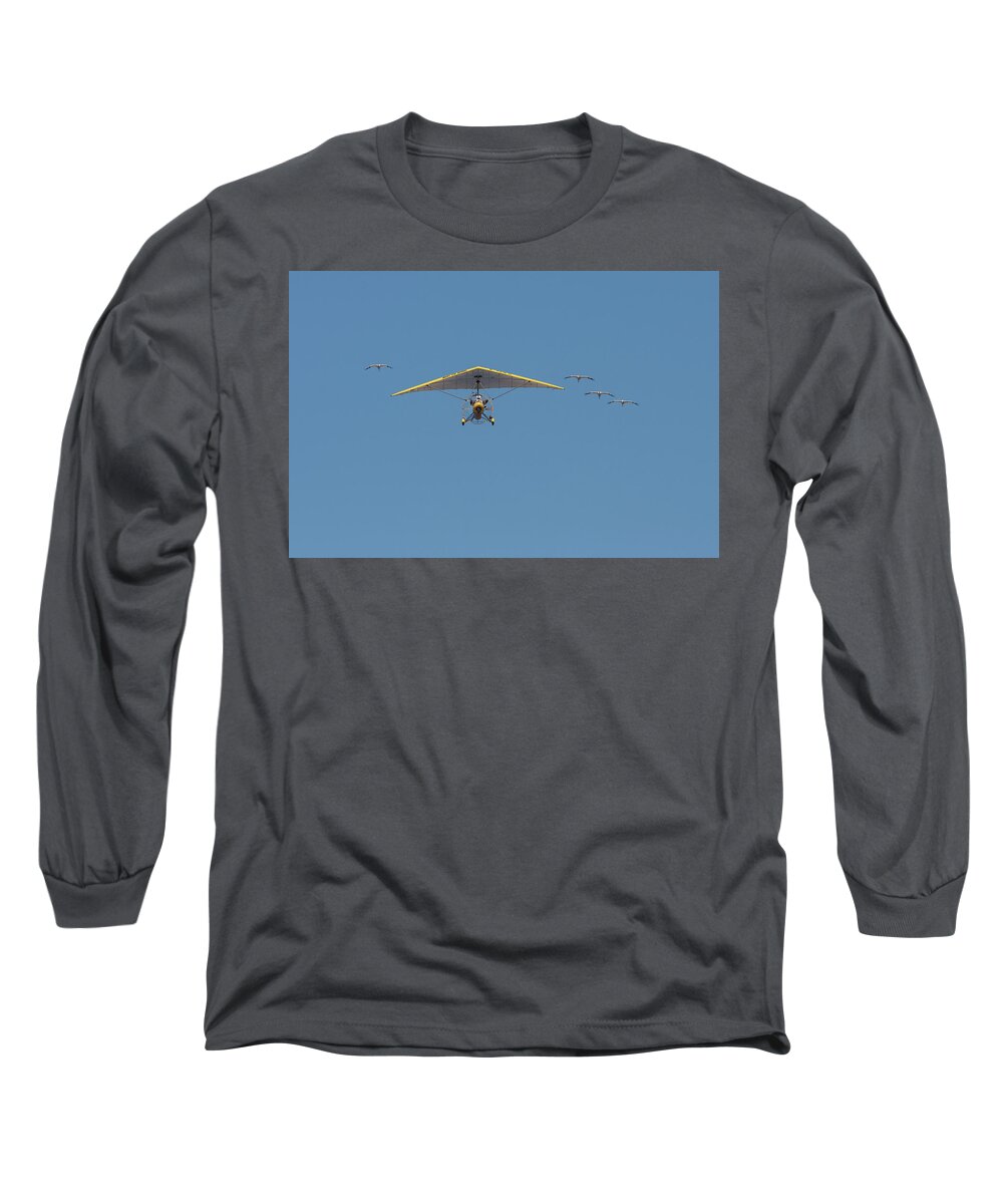 Operation Migration Long Sleeve T-Shirt featuring the photograph Whooping Cranes and Operation Migration Ultralight by Paul Rebmann